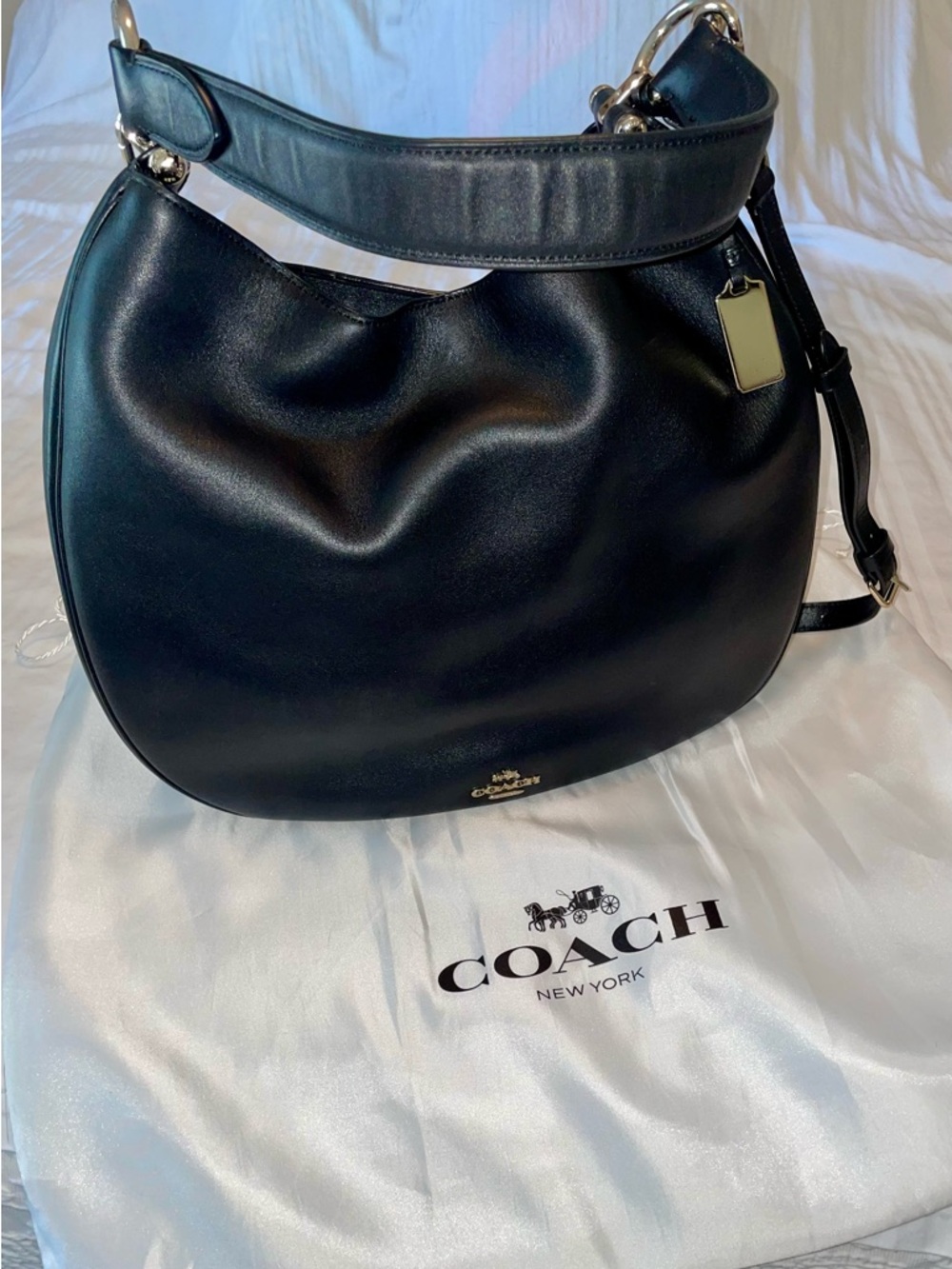Coach Black Leather Shoulder Hobo with Gold-Tone Tag